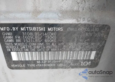 2017 Mitsubishi Mirage G4 Es from USA, damaged, VIN ML32F3FJ5HHF15328